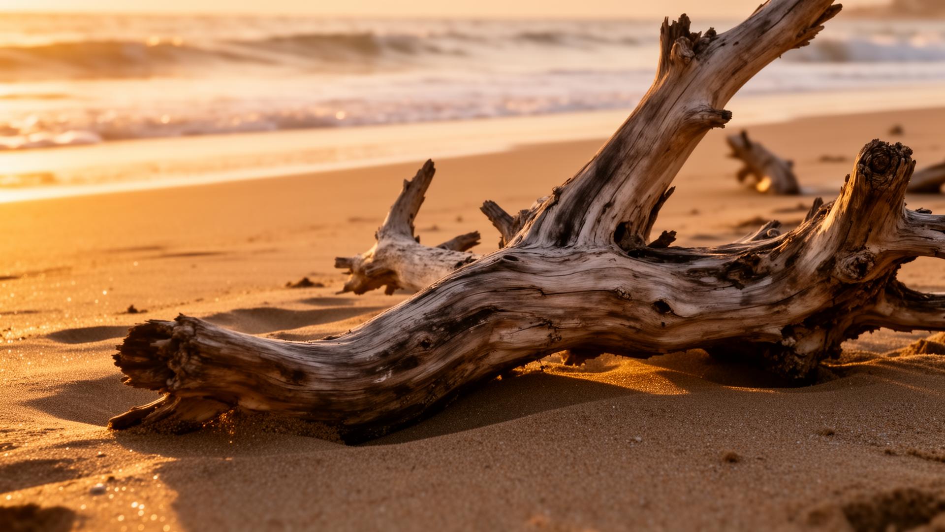 Driftwood washed up on a Salento beach at sunset