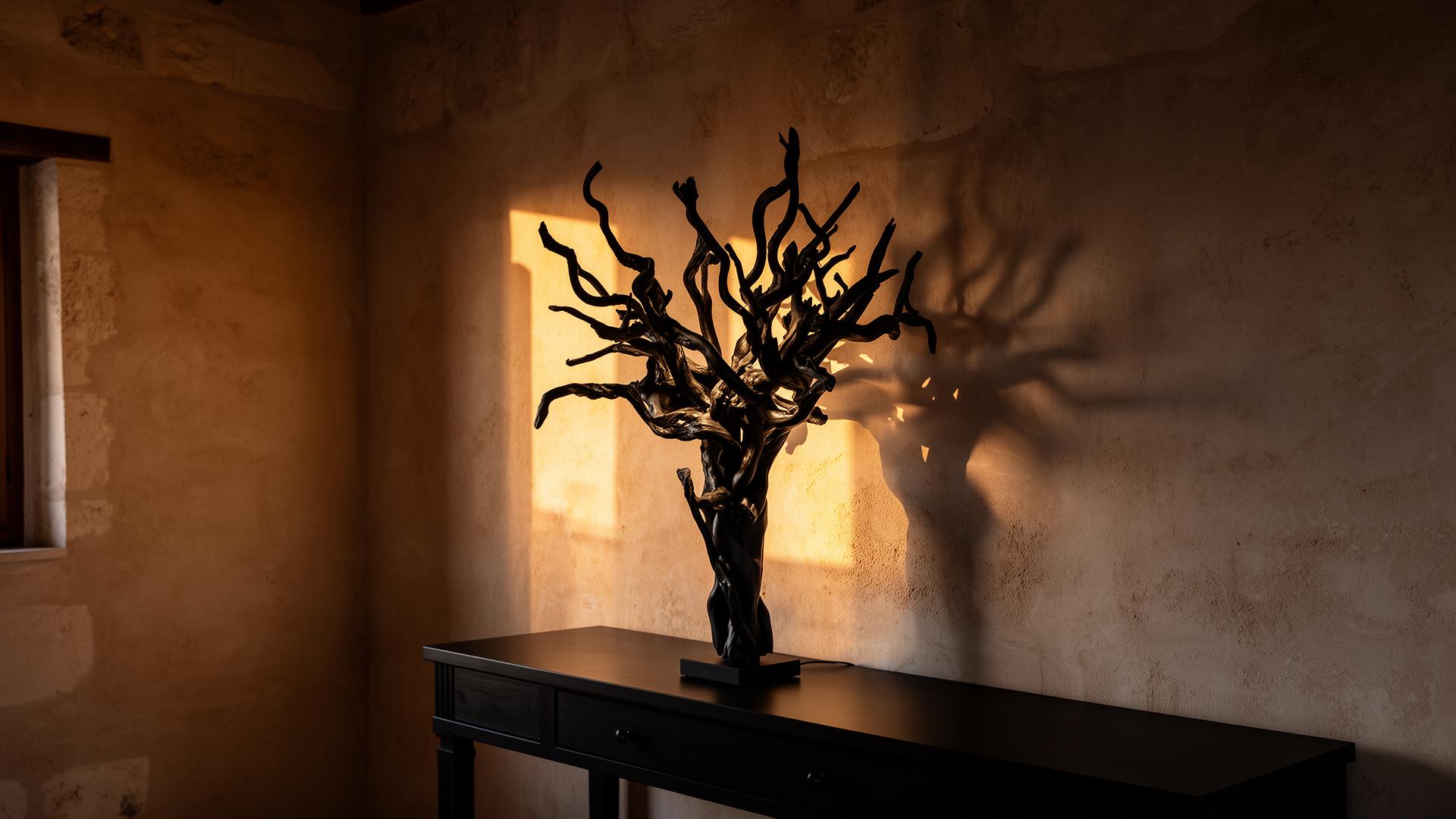 A sculptural driftwood lamp glowing in a Salento stone room at golden hour